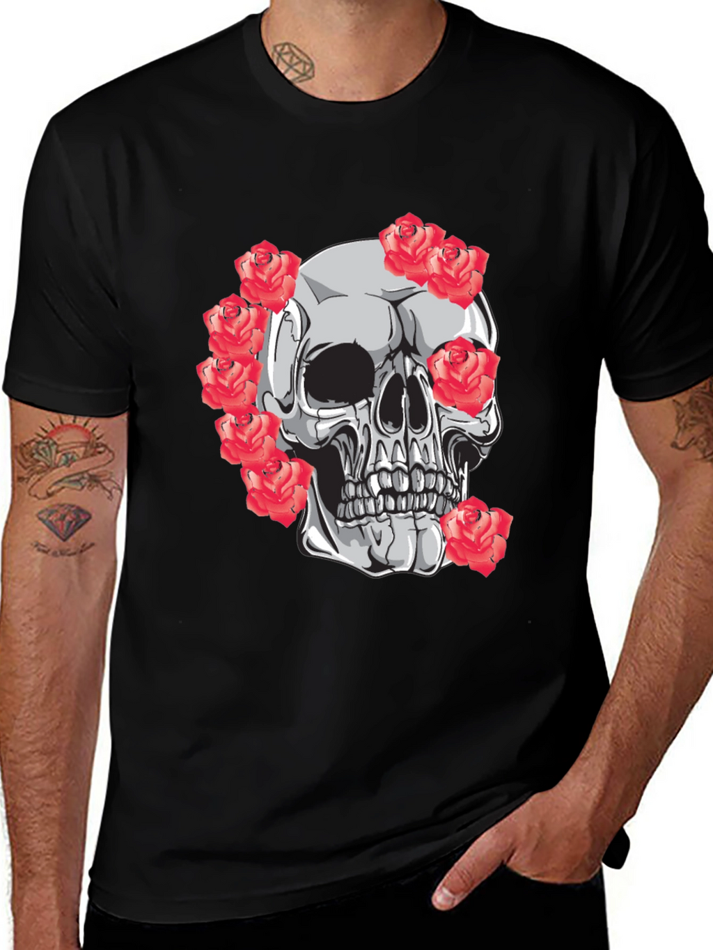 Skull & Roses Graphic Tee - Mens Black T-Shirt