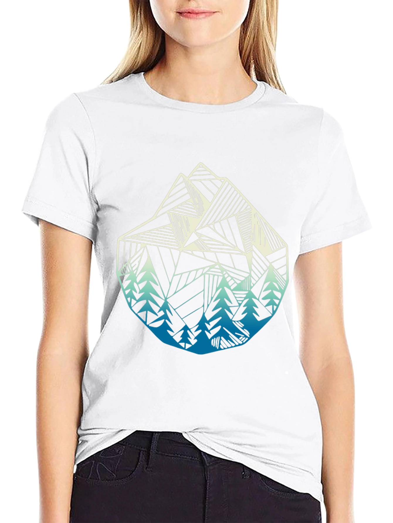 Geometric Mountain & Trees Graphic Tee - Black