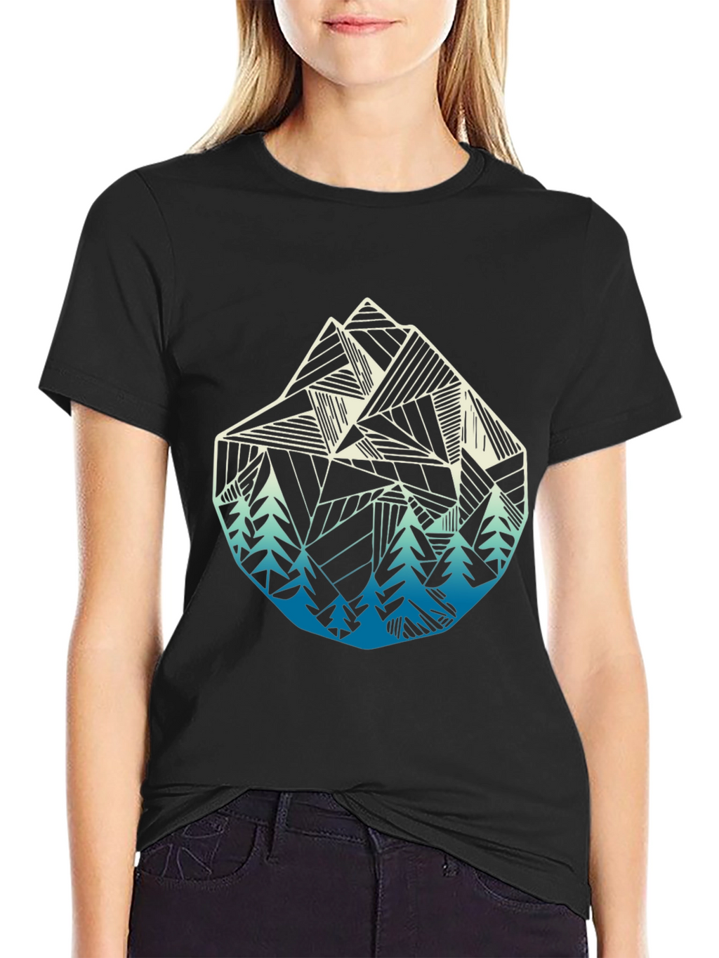 Geometric Mountain & Trees Graphic Tee - Black