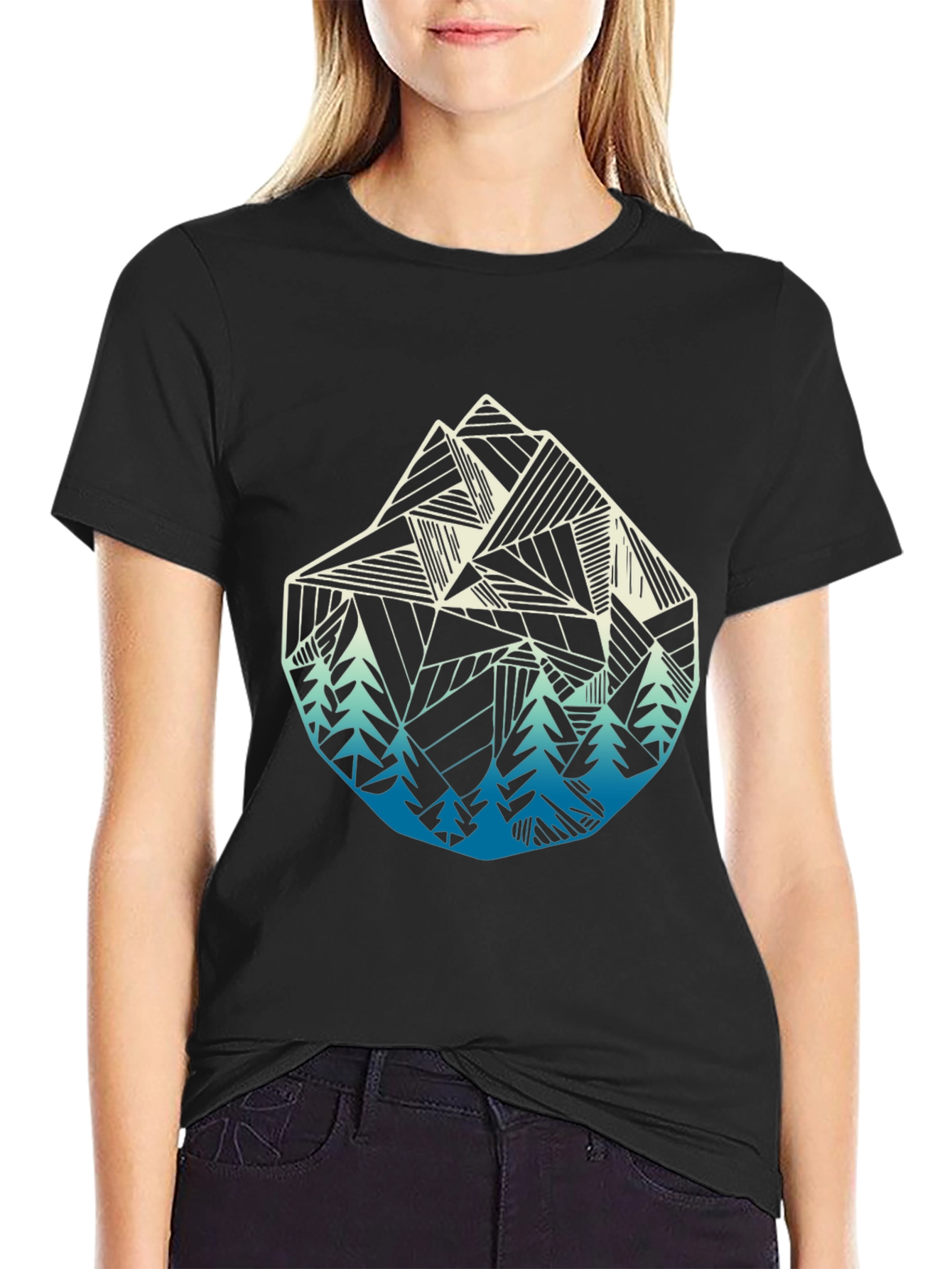 Geometric Mountain & Trees Graphic Tee - Black