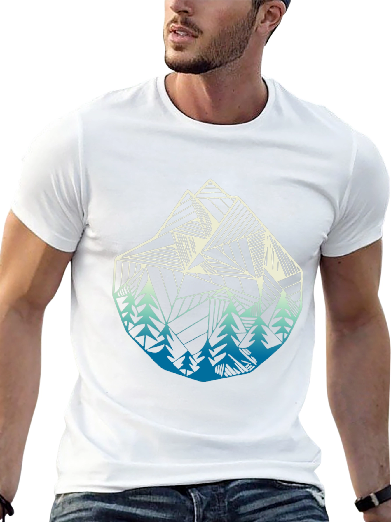 Geometric Mountain & Trees Graphic Tee - Black