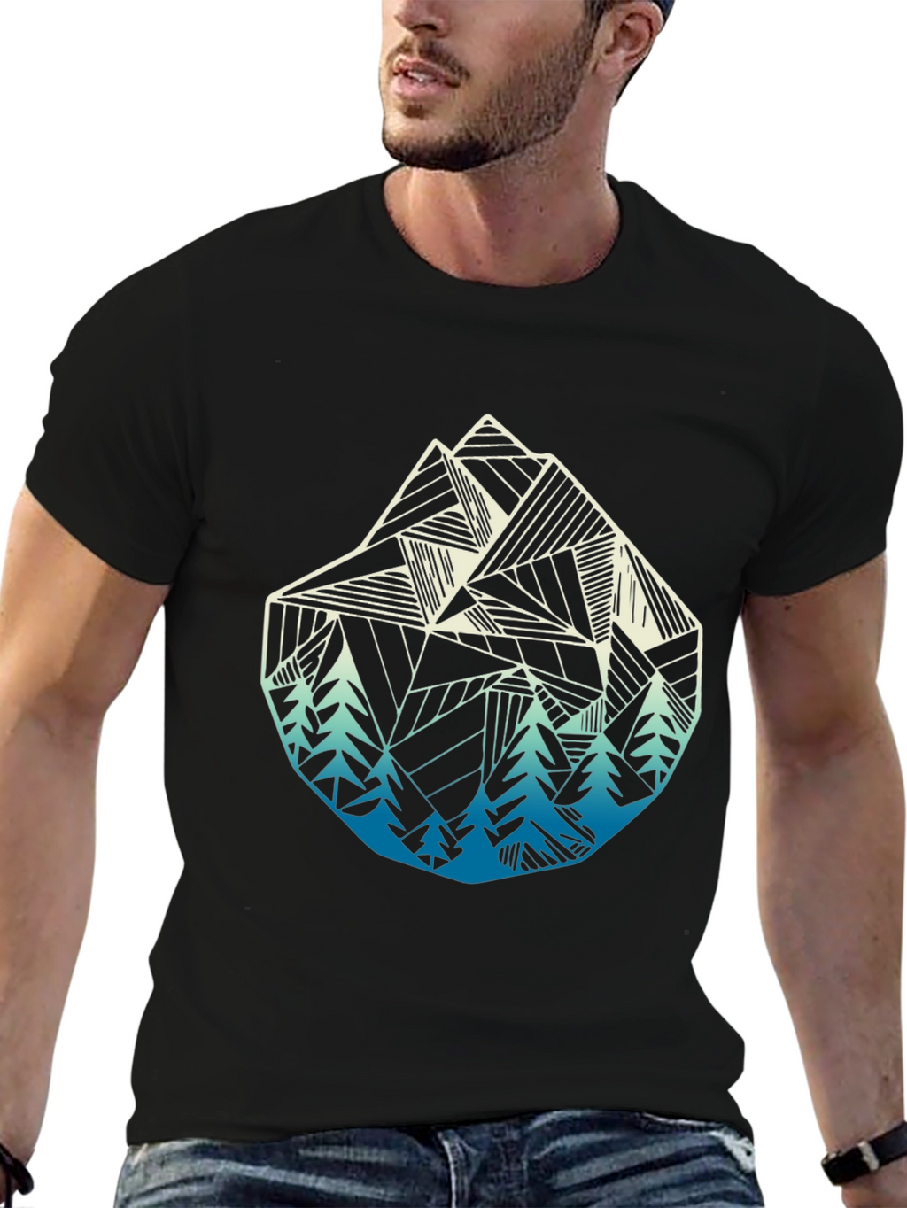 Geometric Mountain & Trees Graphic Tee - Black