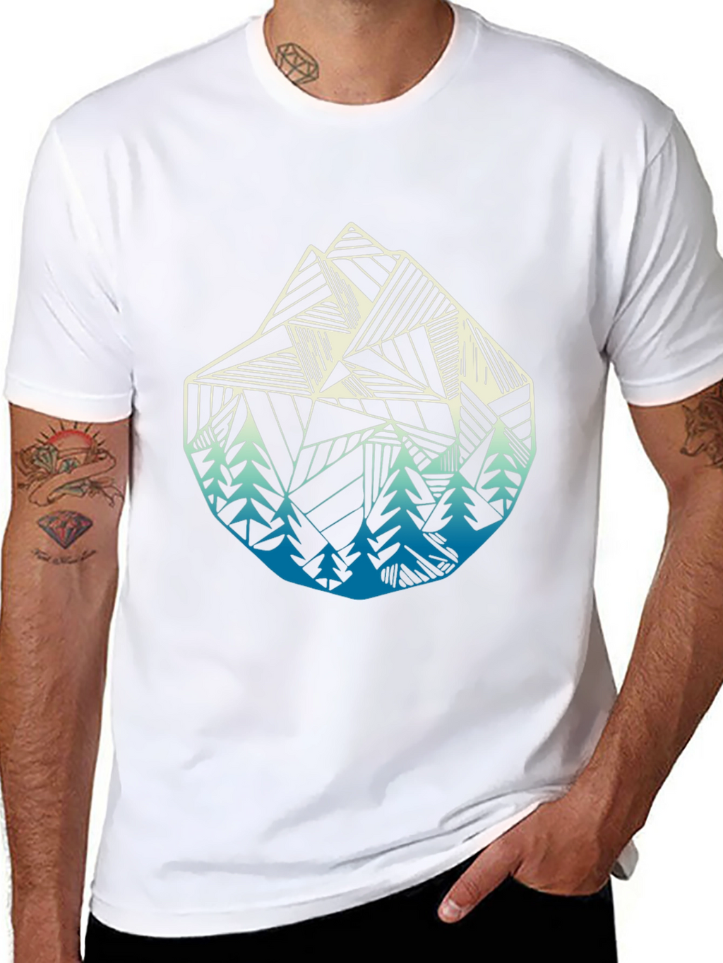 Geometric Mountain & Trees Graphic Tee - Black