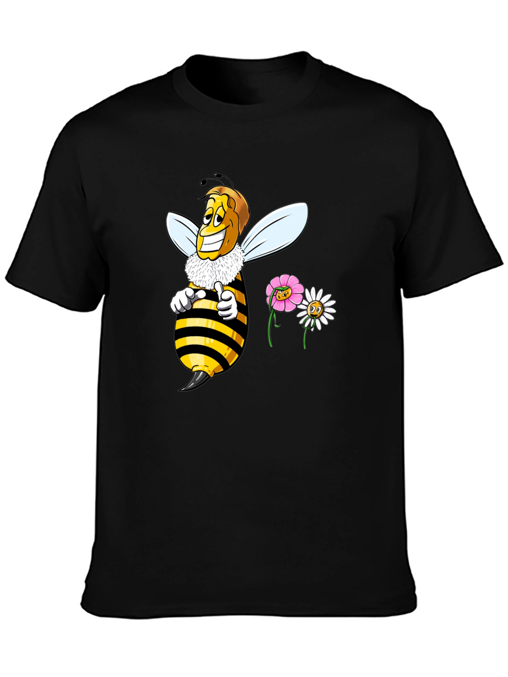 Funny Bee & Flowers Graphic Black T-Shirt