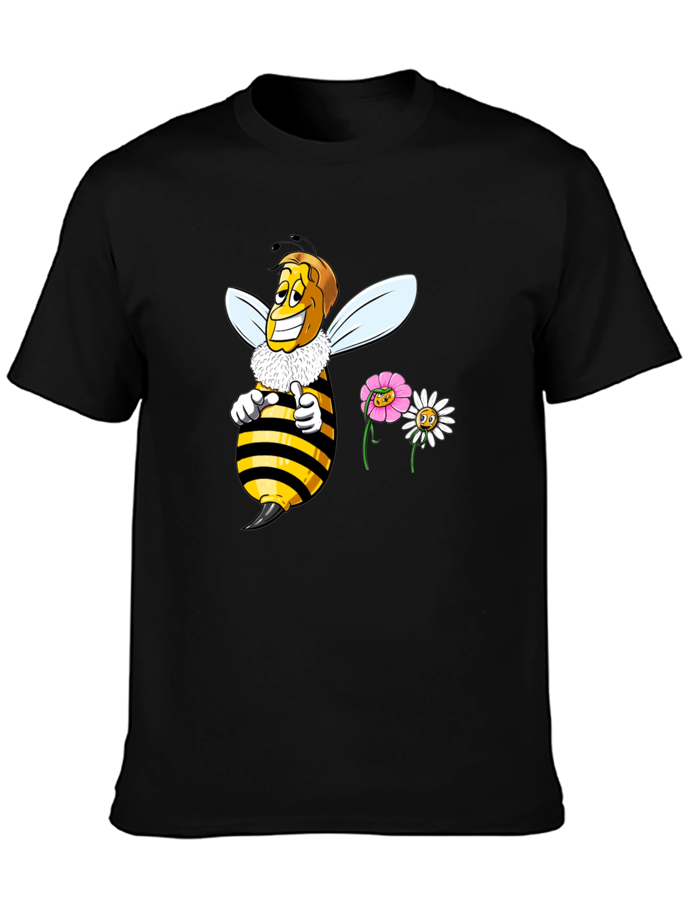 Funny Bee & Flowers Graphic Black T-Shirt