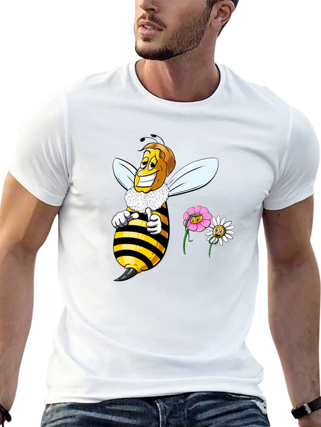 Funny Bee & Flowers Graphic Black T-Shirt