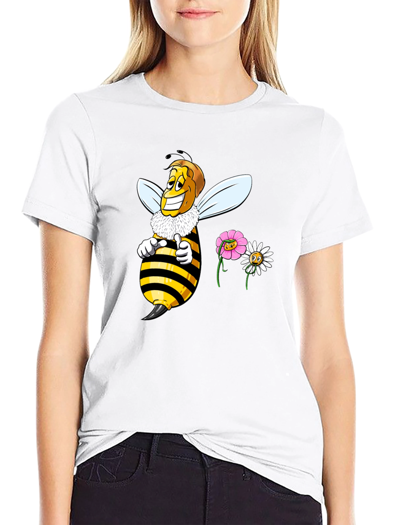 Funny Bee & Flowers Graphic Black T-Shirt