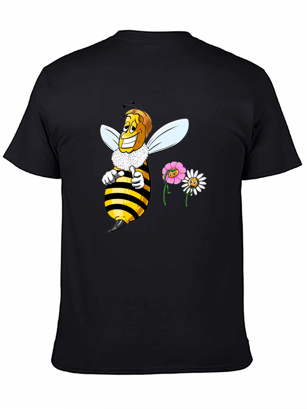 Funny Bee & Flowers Graphic Black T-Shirt