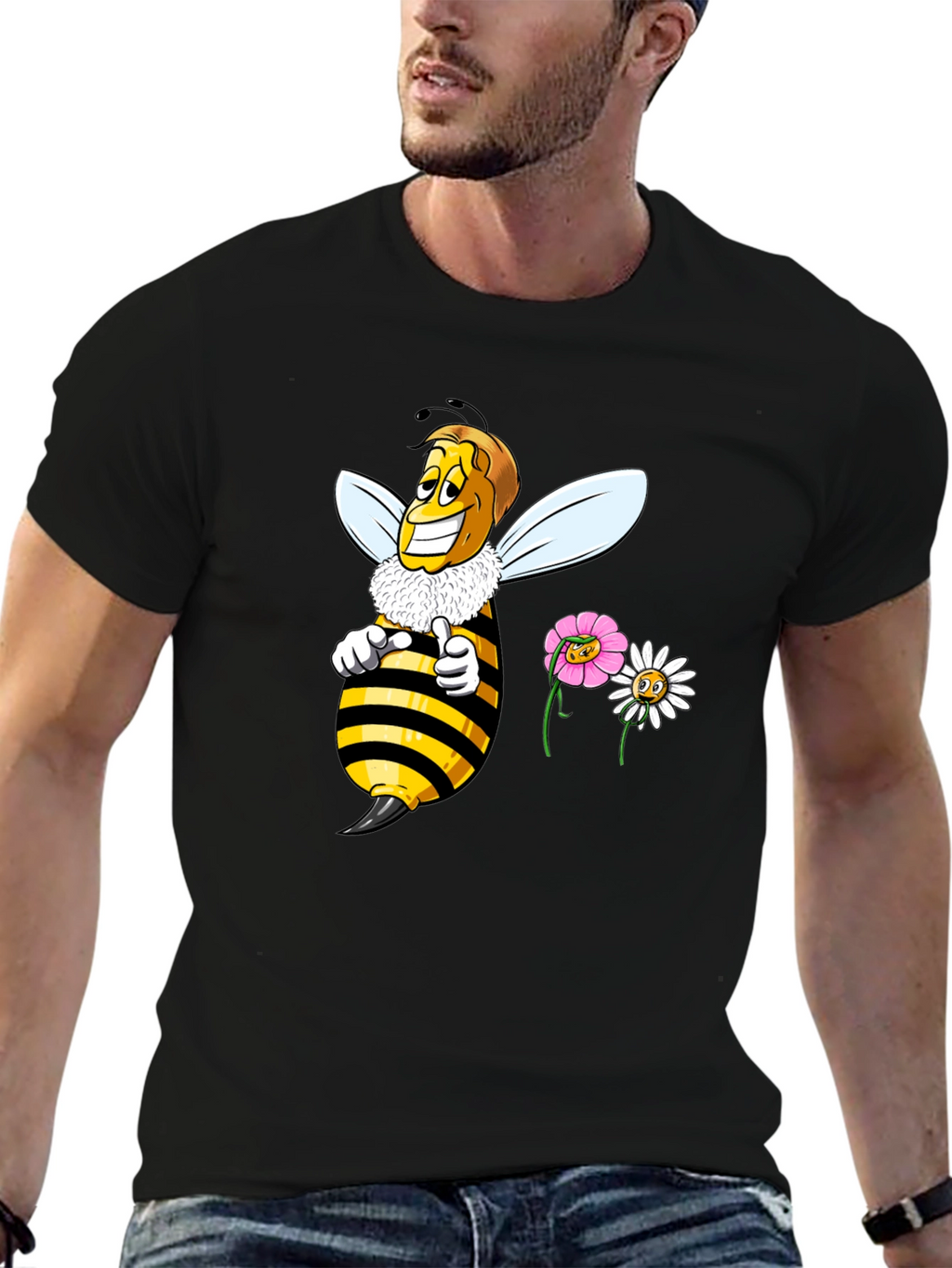 Funny Bee & Flowers Graphic Black T-Shirt