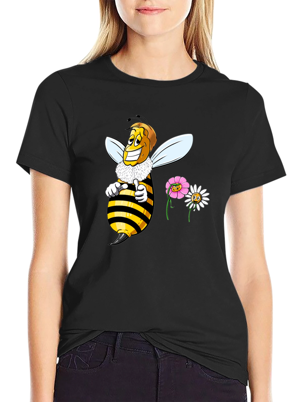 Funny Bee & Flowers Graphic Black T-Shirt