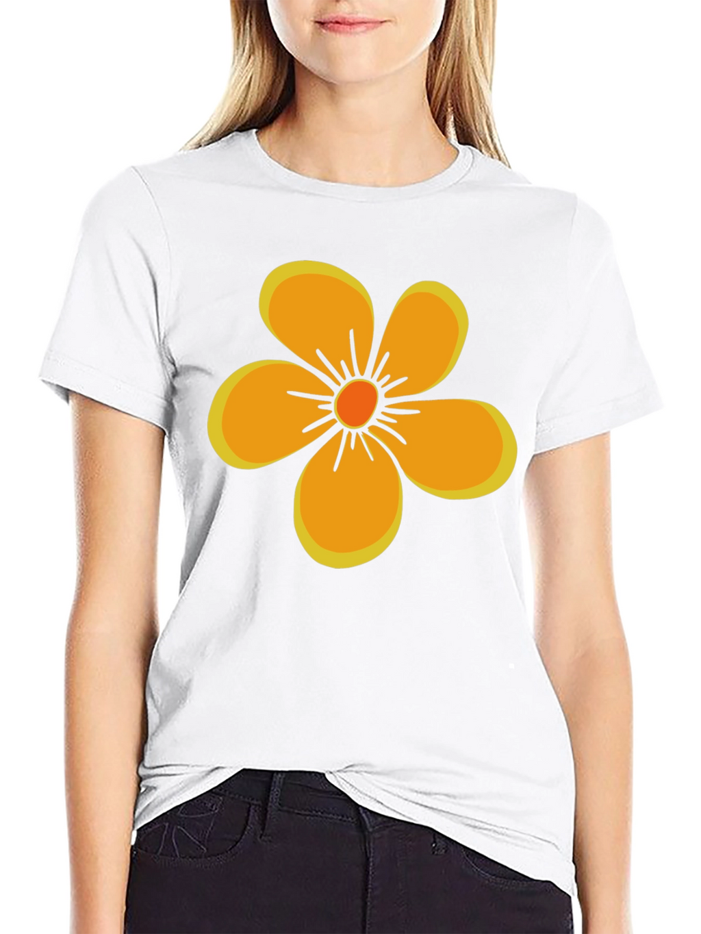 Black T-Shirt with Orange Flower Graphic