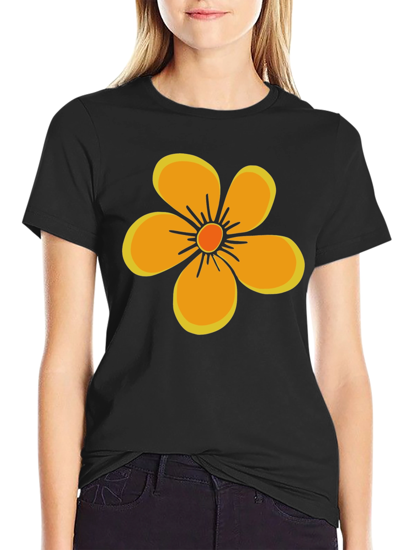 Black T-Shirt with Orange Flower Graphic