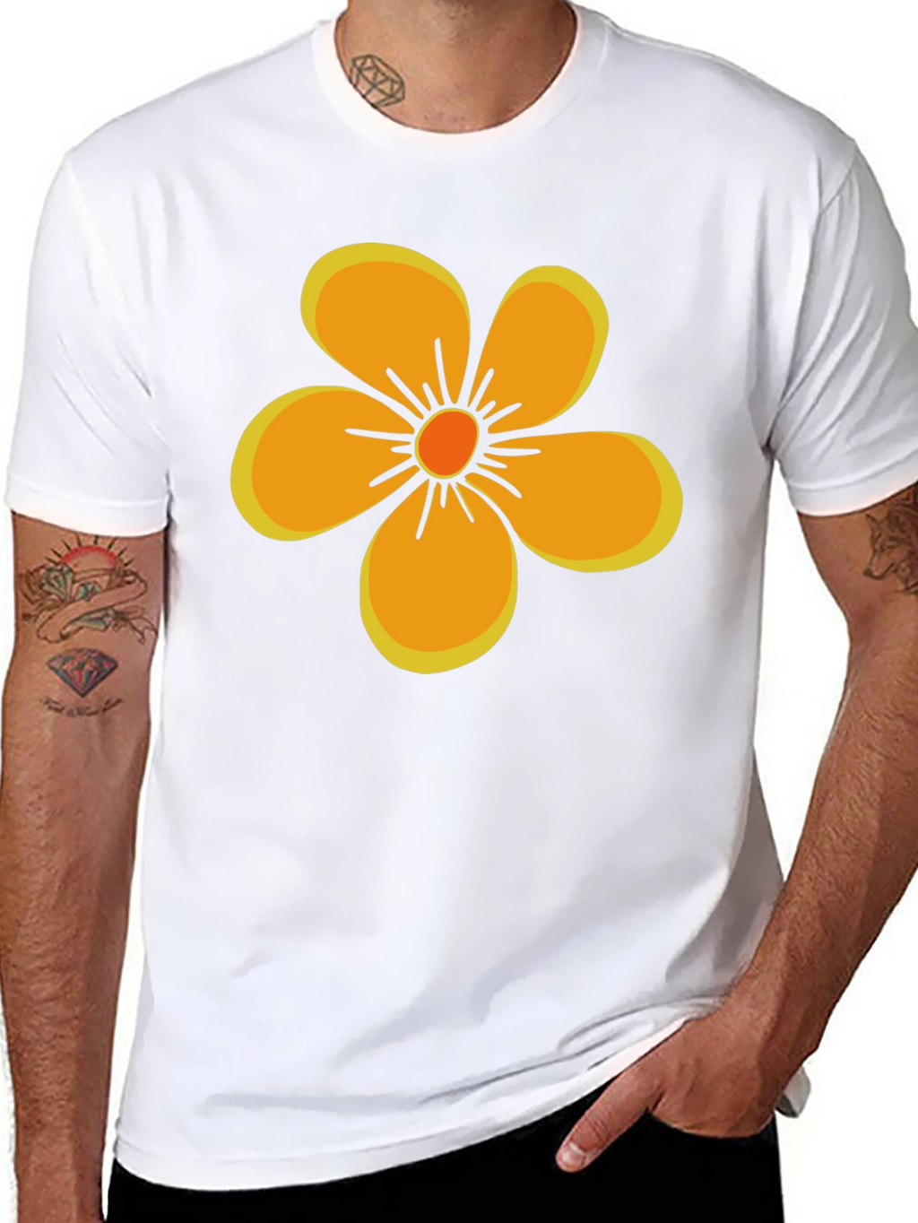 Black T-Shirt with Orange Flower Graphic