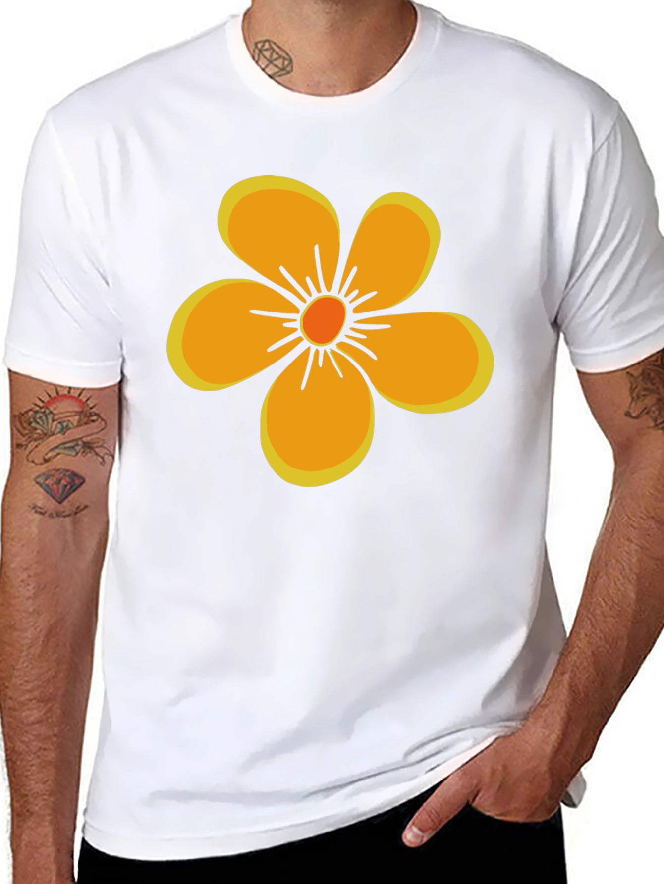 Black T-Shirt with Orange Flower Graphic