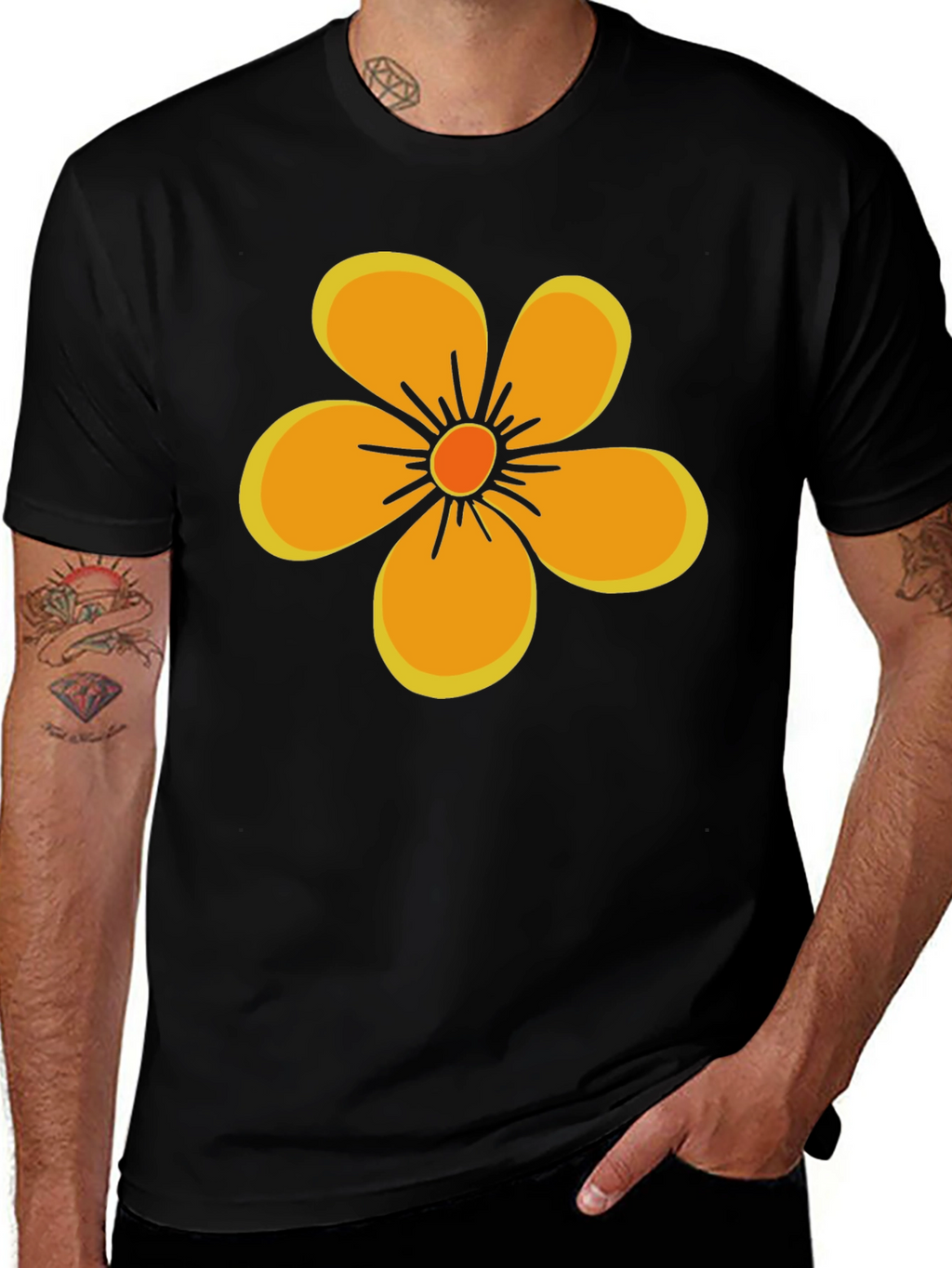 Black T-Shirt with Orange Flower Graphic