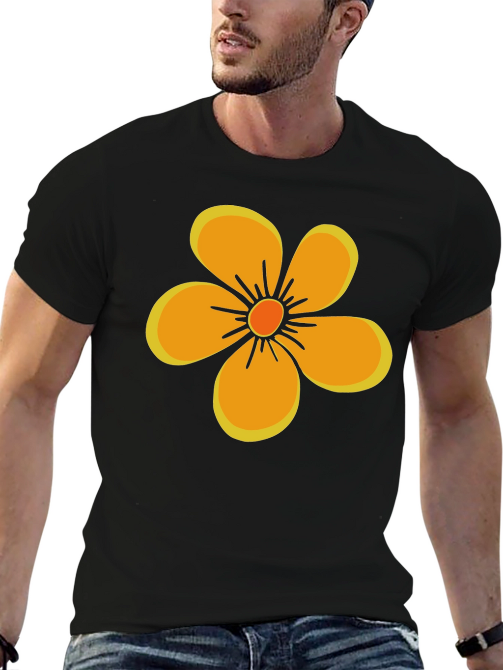 Black T-Shirt with Orange Flower Graphic