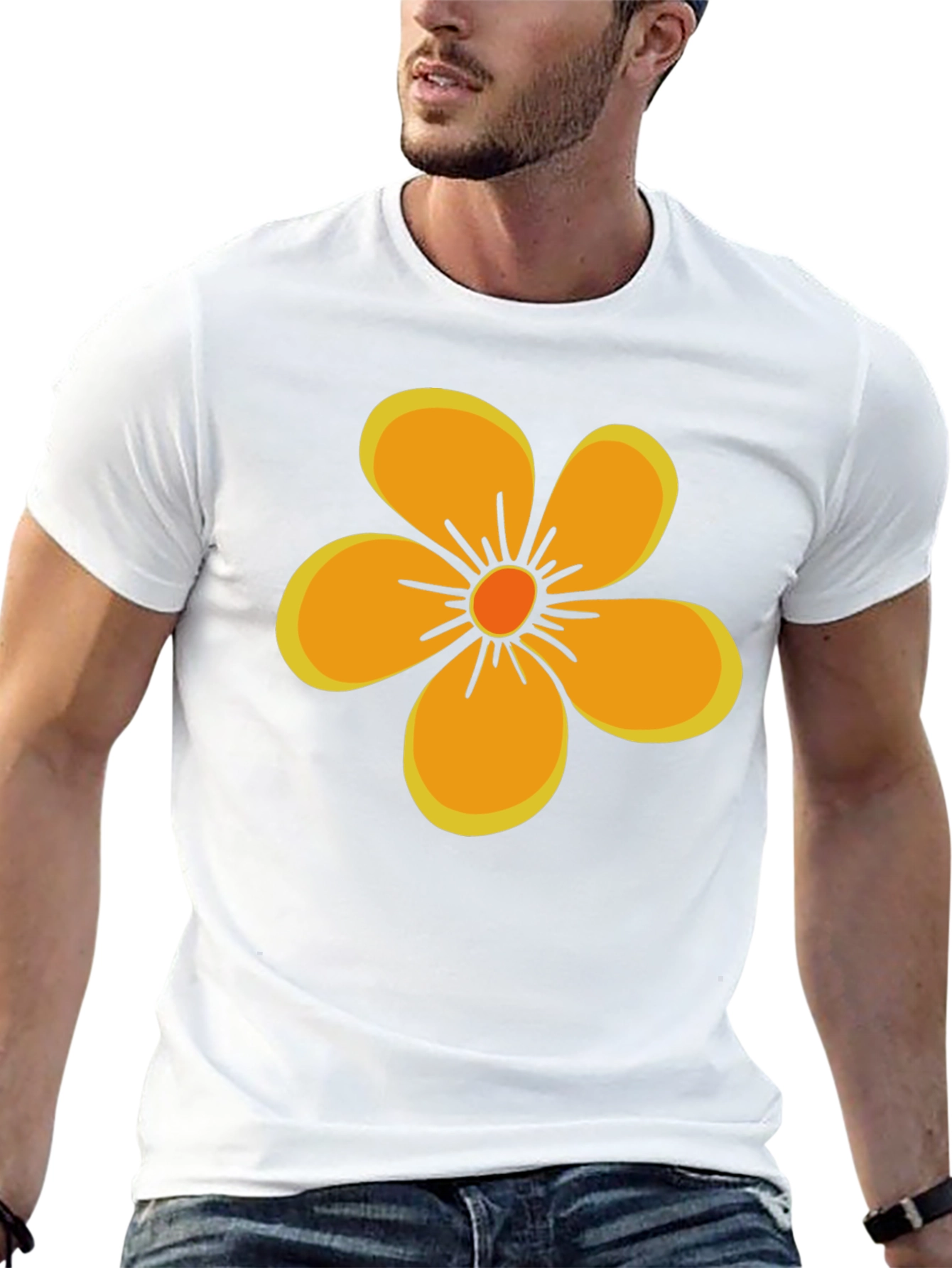 Black T-Shirt with Orange Flower Graphic
