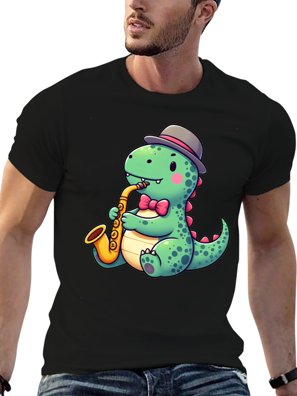 Dapper Dino Sax T-Shirt - Cool Cartoon Design