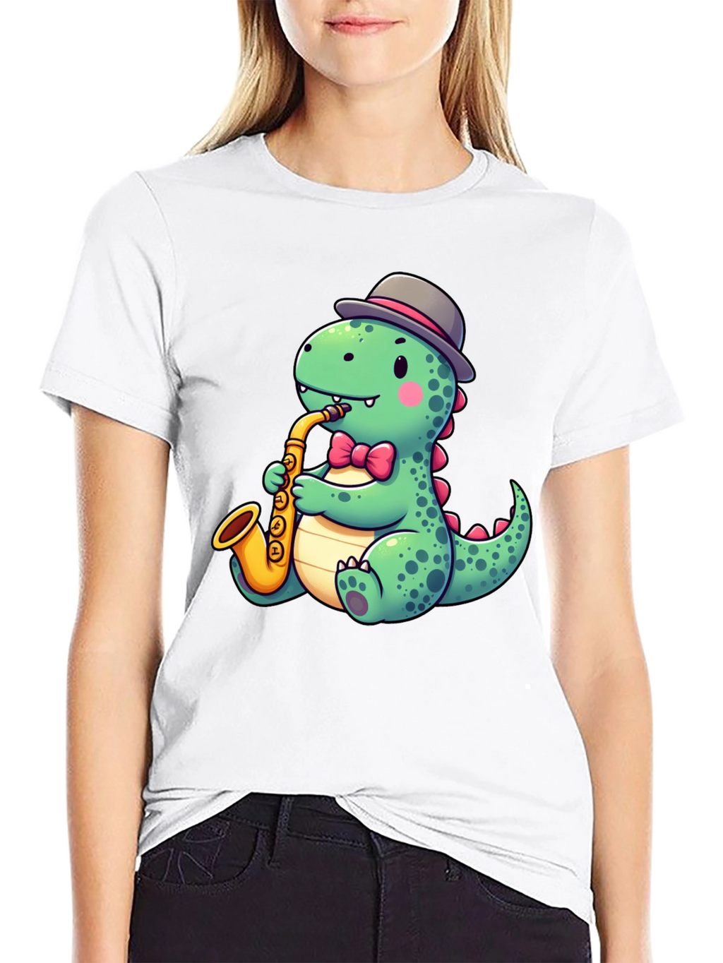 Dapper Dino Sax T-Shirt - Cool Cartoon Design