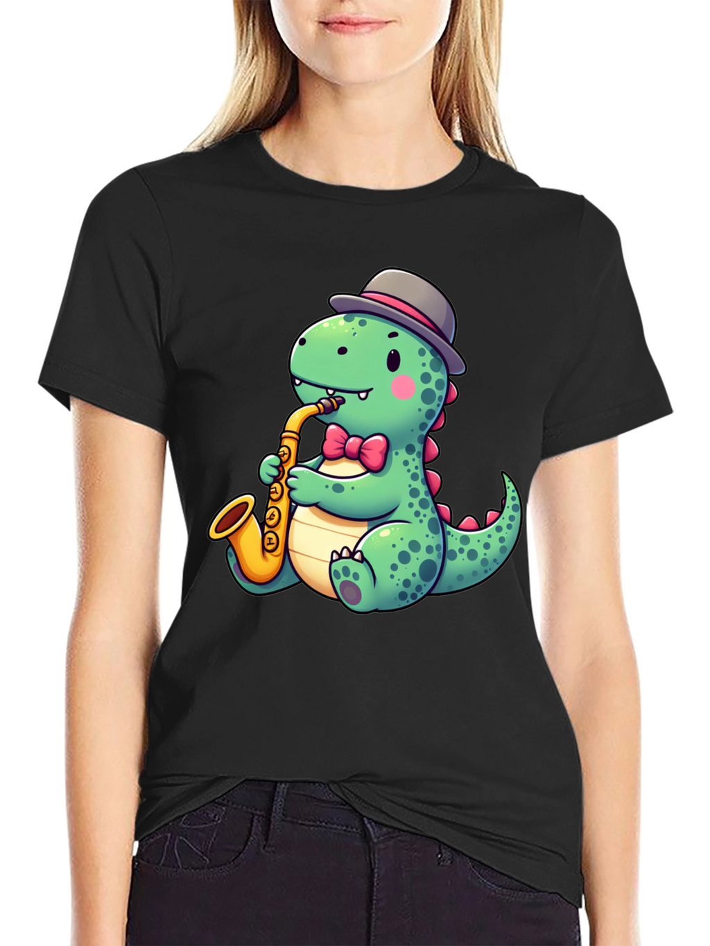 Dapper Dino Sax T-Shirt - Cool Cartoon Design