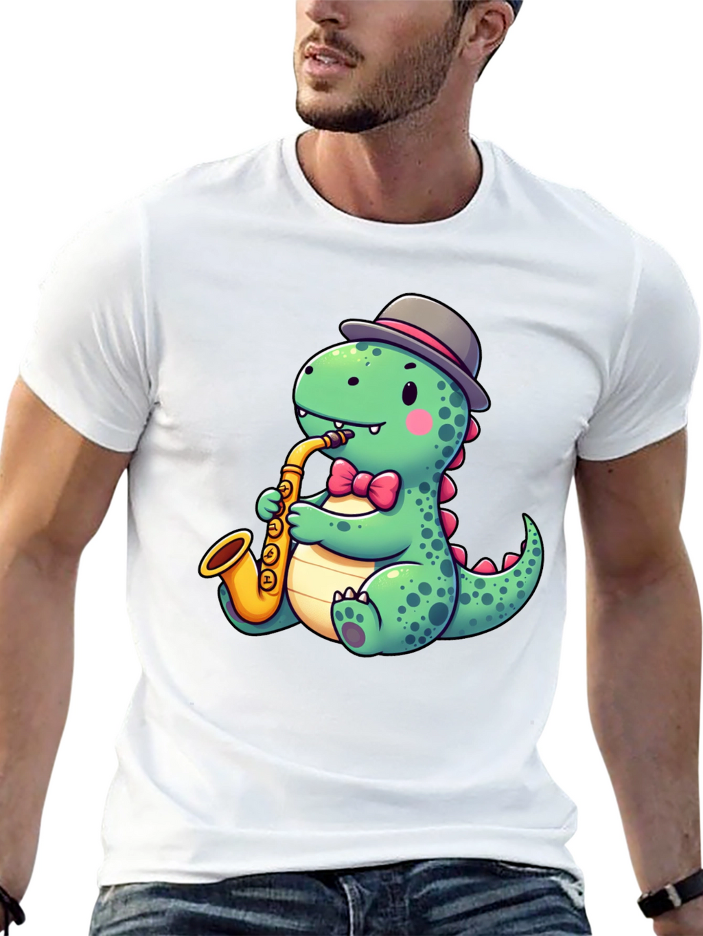 Dapper Dino Sax T-Shirt - Cool Cartoon Design