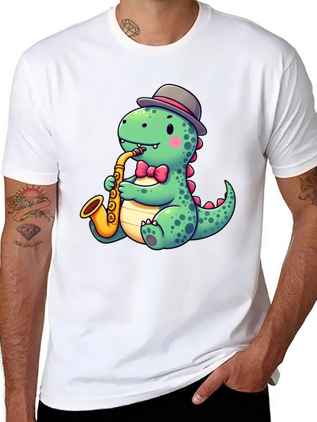 Dapper Dino Sax T-Shirt - Cool Cartoon Design