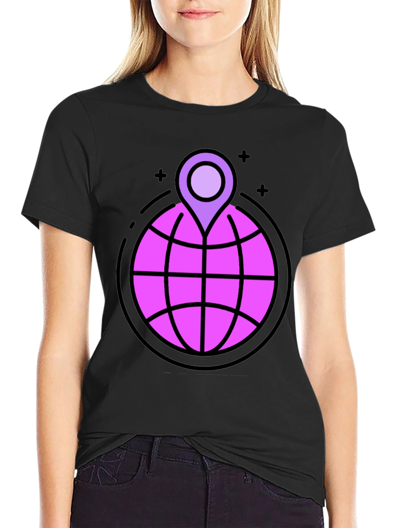 Globe & Location Pin Graphic Black T-Shirt