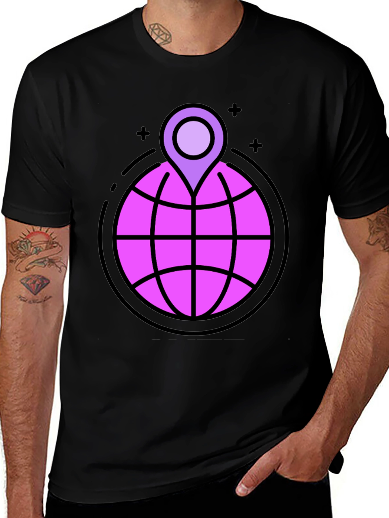 Globe & Location Pin Graphic Black T-Shirt
