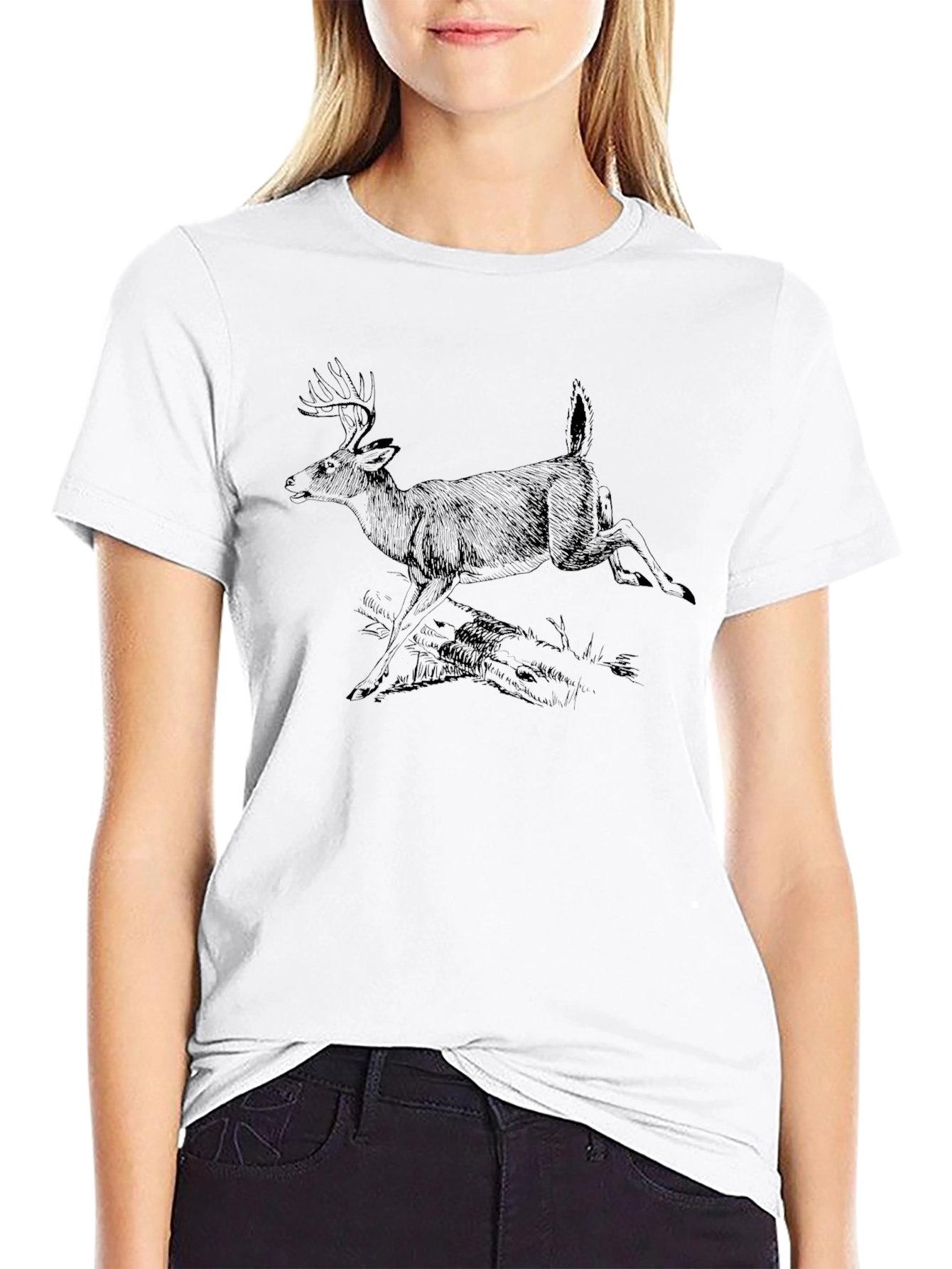 Deer Graphic Tee - Black Cotton T-Shirt