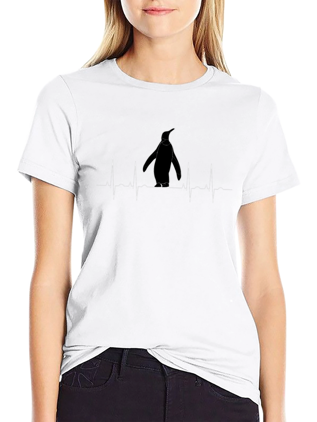 Penguin Heartbeat T-Shirt - Black Crew Neck