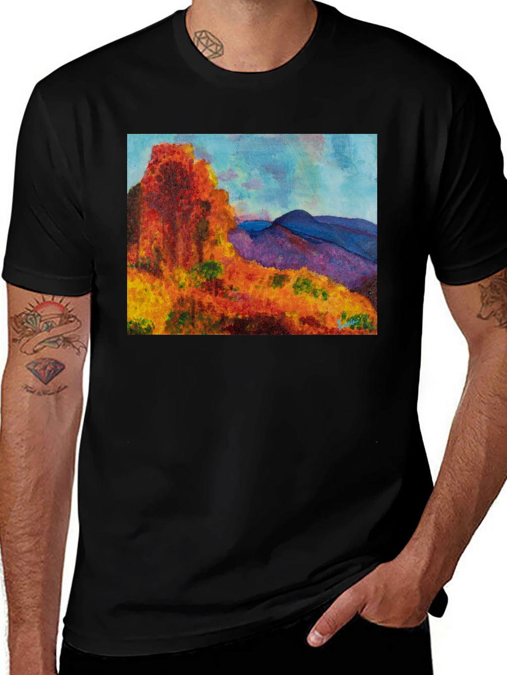 Scenic Mountain Print Black T-Shirt
