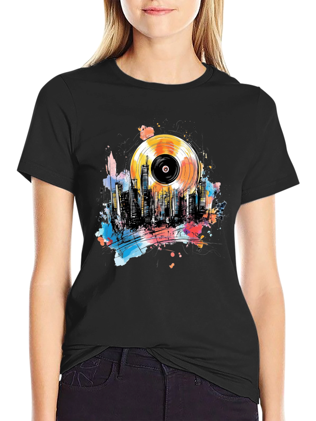 Vinyl Record Cityscape Graphic Tee
