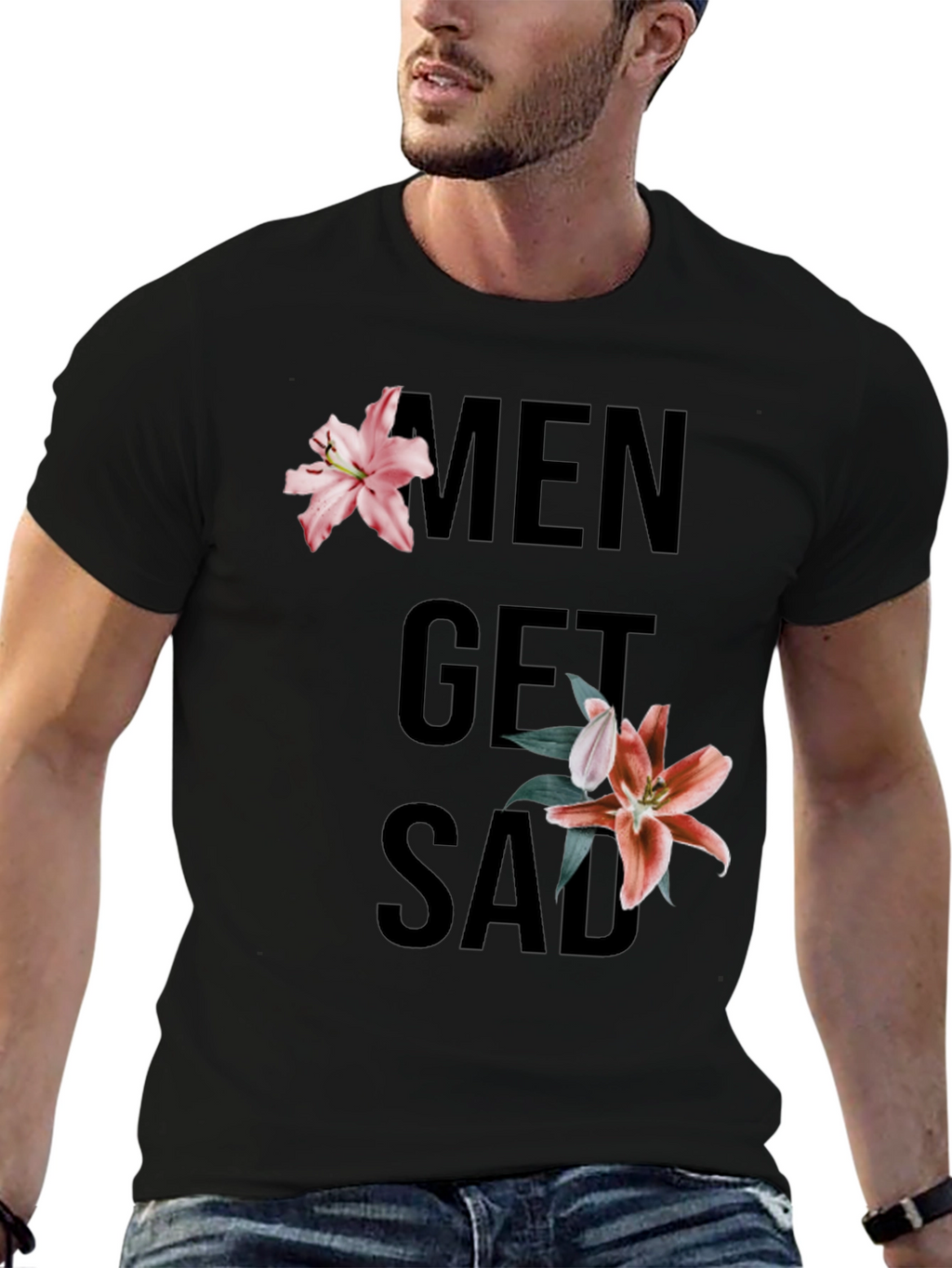 Men Get Sad Floral Black T-Shirt
