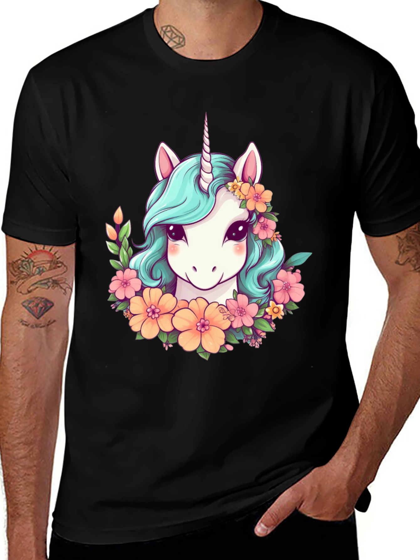 Unicorn Floral Graphic Tee - Mens Black T-Shirt