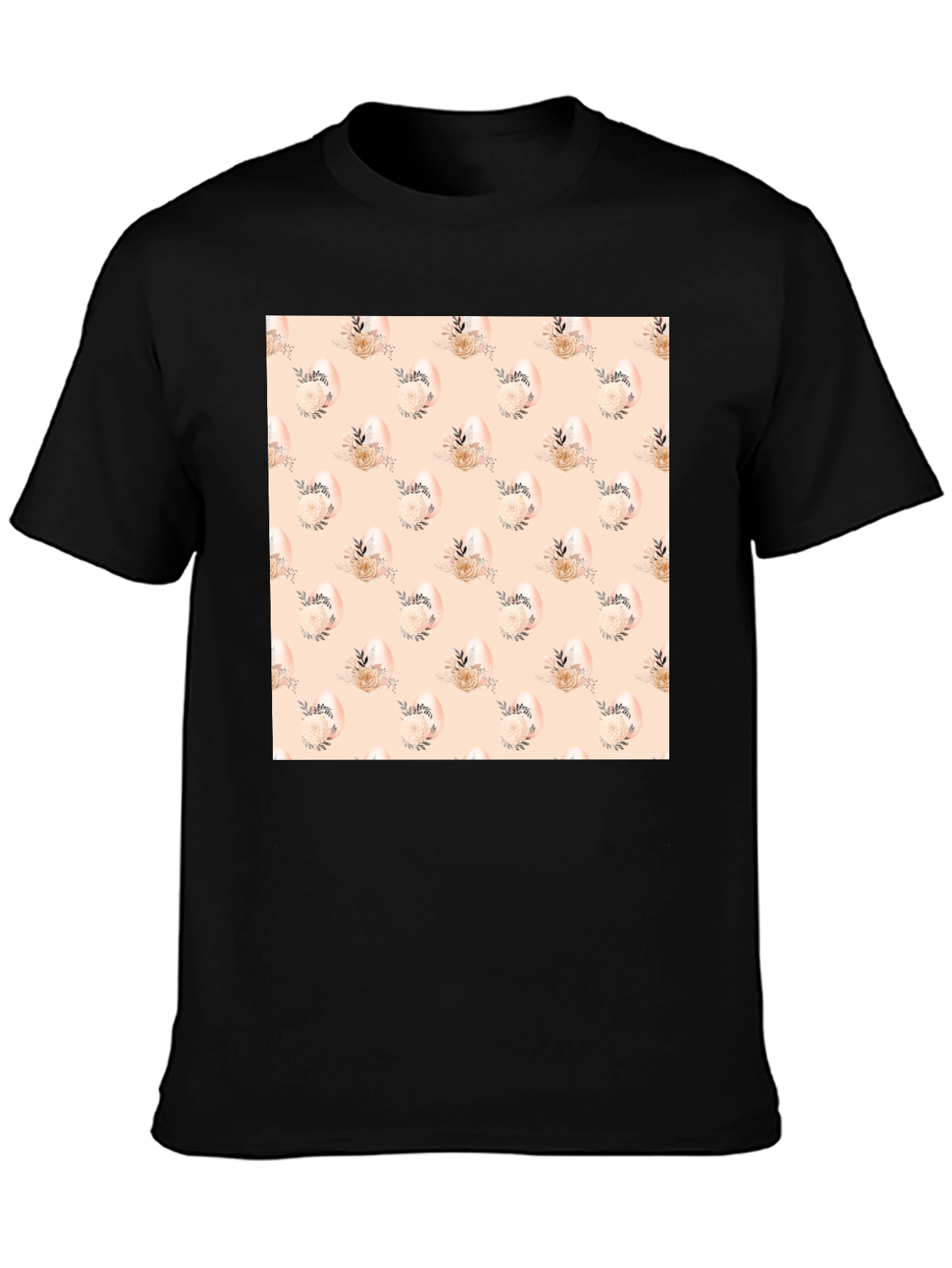 Floral Easter Egg Pattern Black T-Shirt