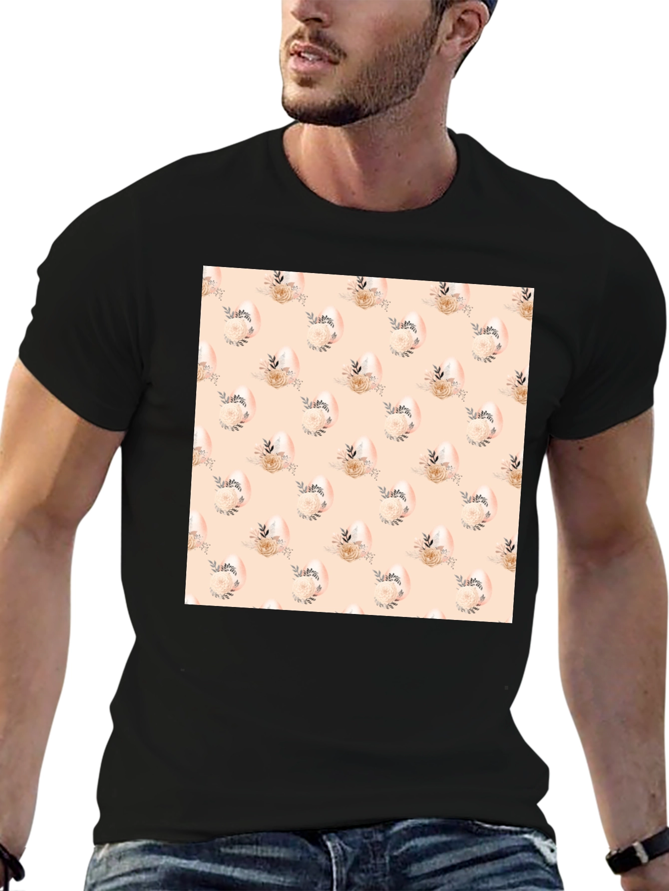 Floral Easter Egg Pattern Black T-Shirt
