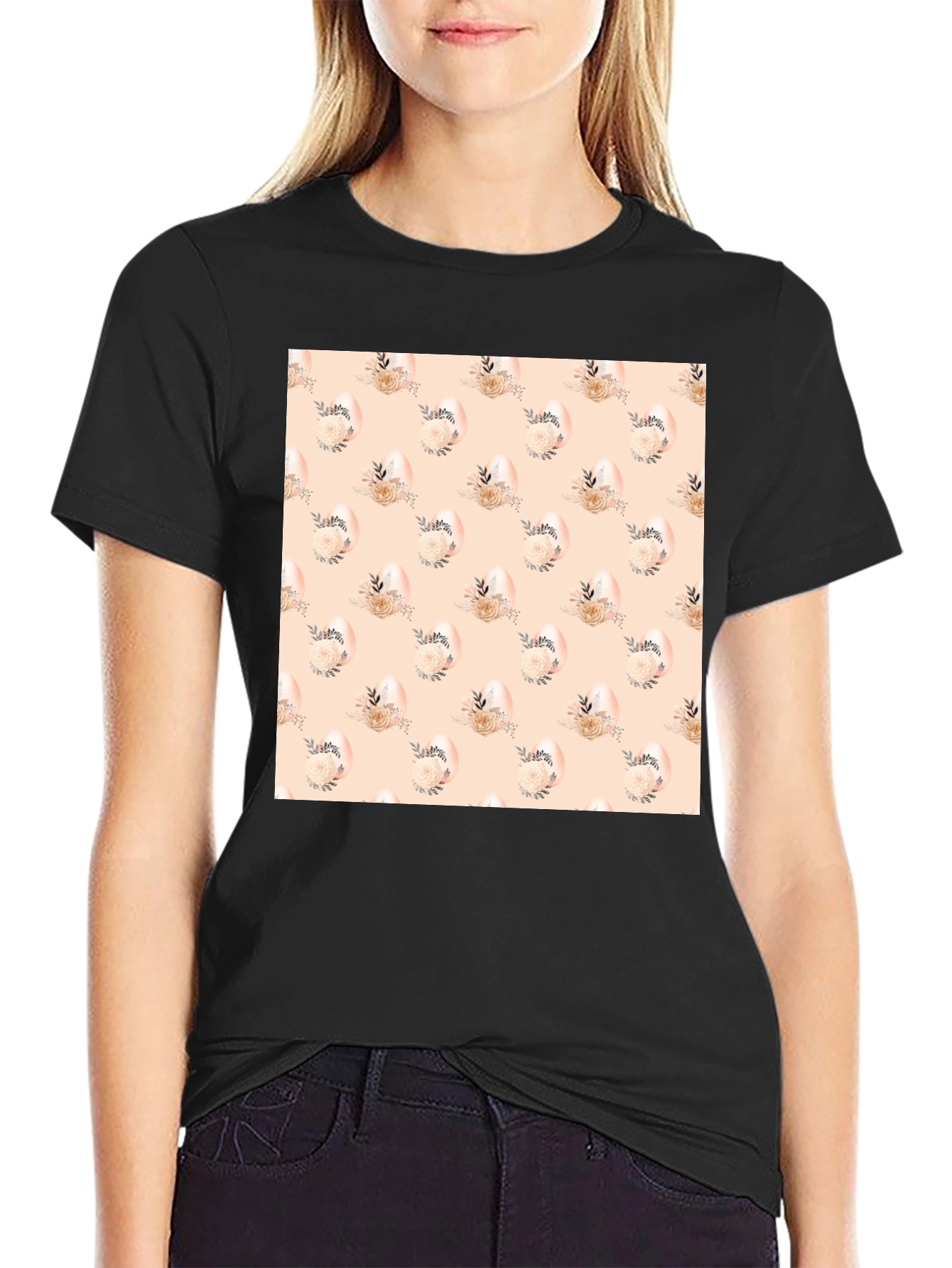 Floral Easter Egg Pattern Black T-Shirt
