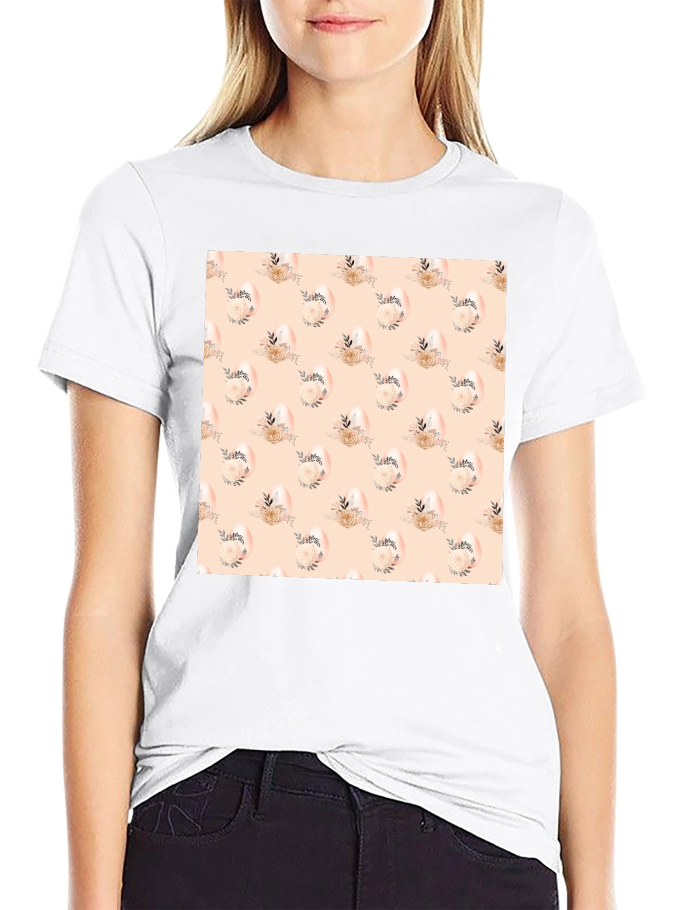 Floral Easter Egg Pattern Black T-Shirt