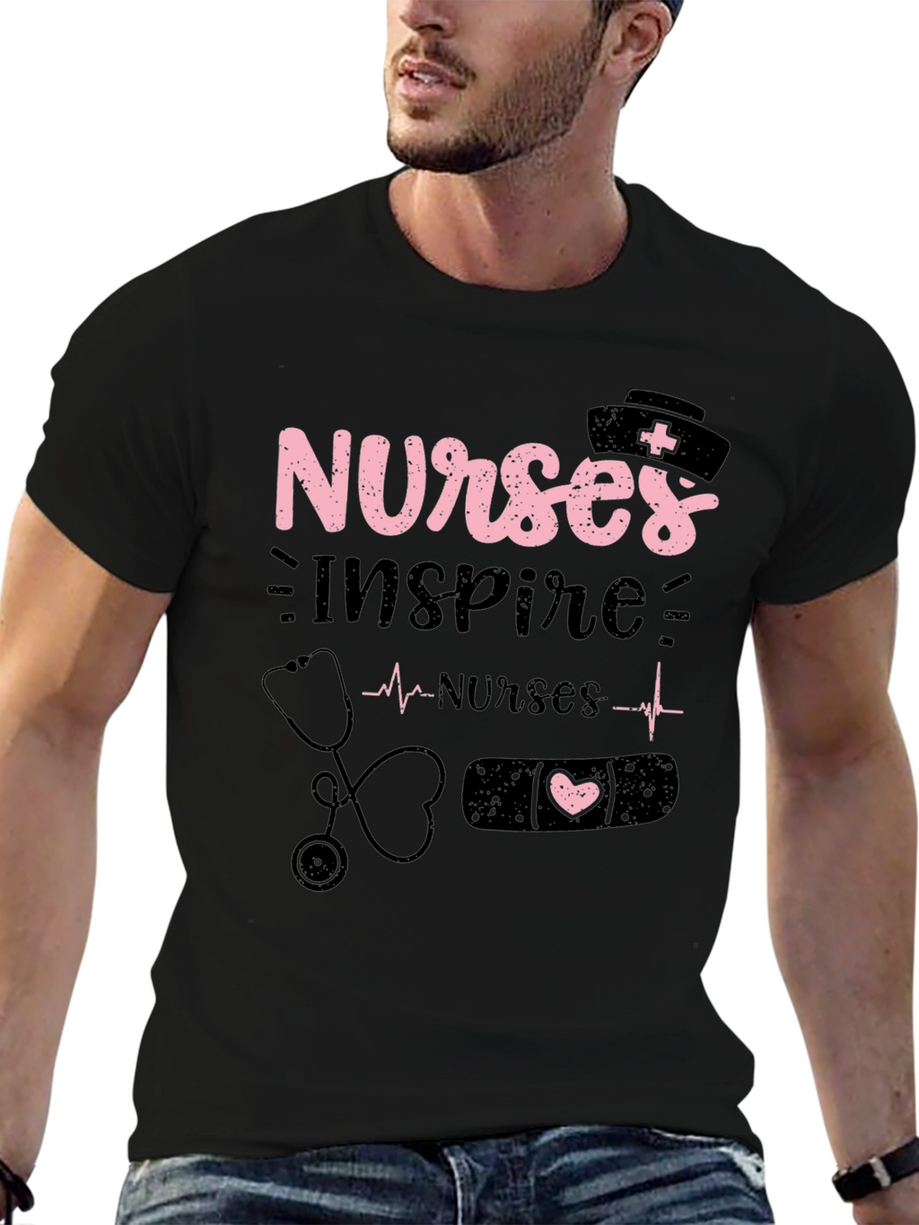 Nurses Inspire Black Cotton Graphic T-Shirt