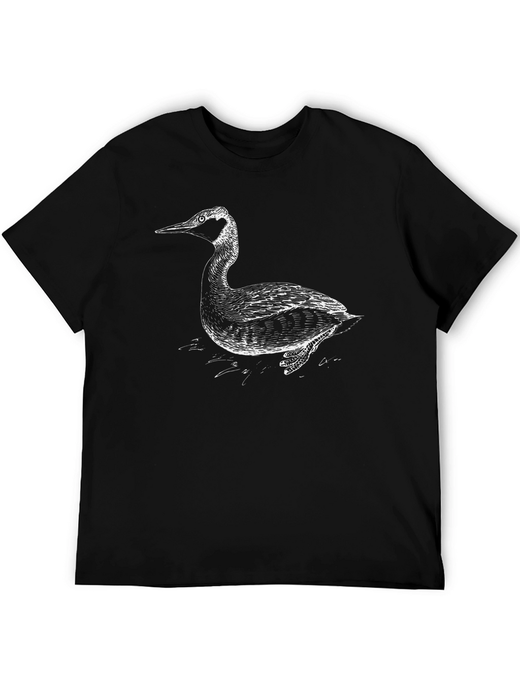 Black T-Shirt with Artistic Grebe Bird Print
