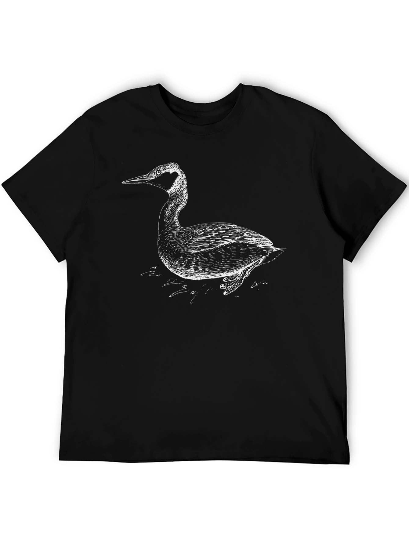 Black T-Shirt with Artistic Grebe Bird Print