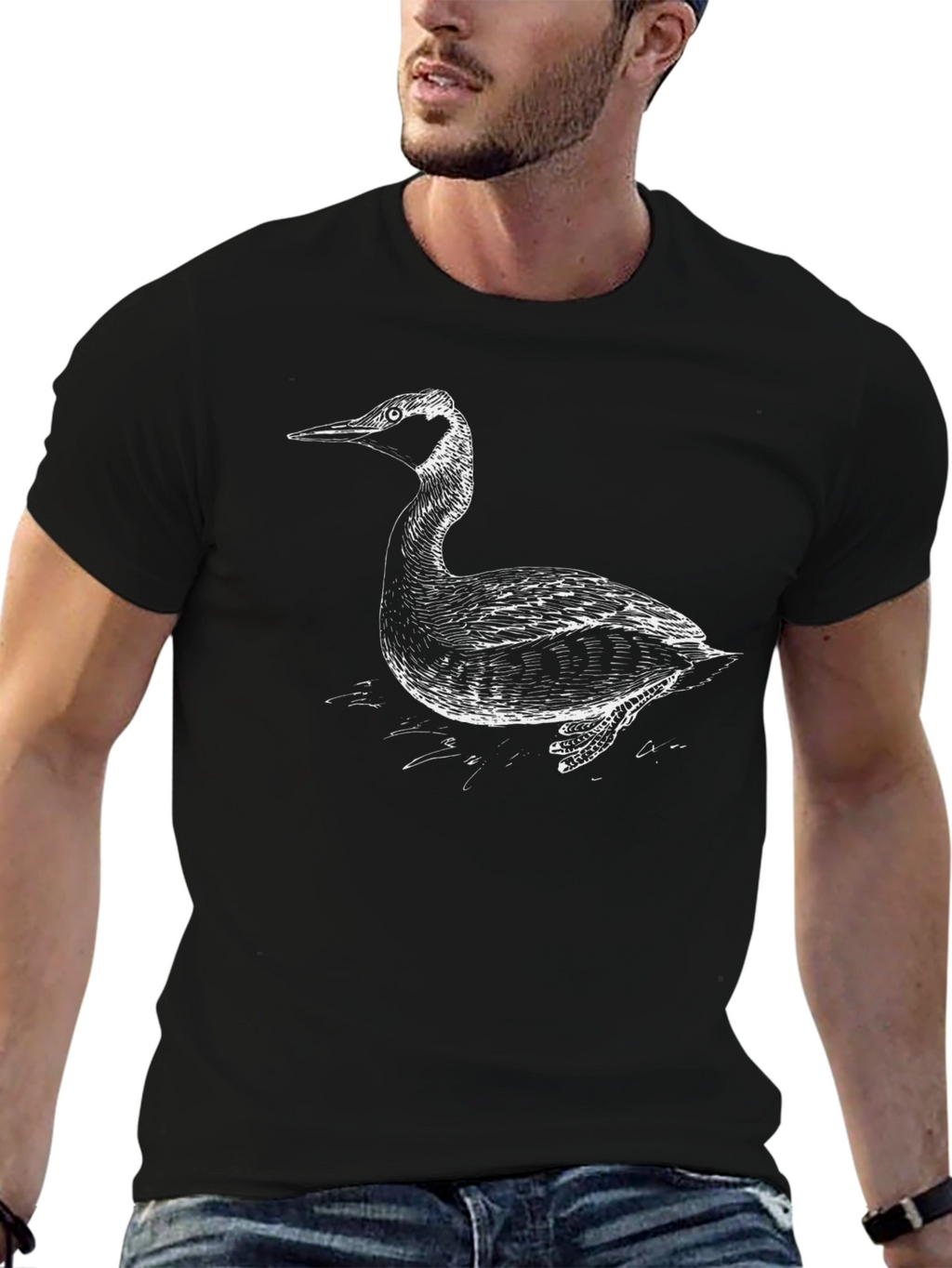 Black T-Shirt with Artistic Grebe Bird Print
