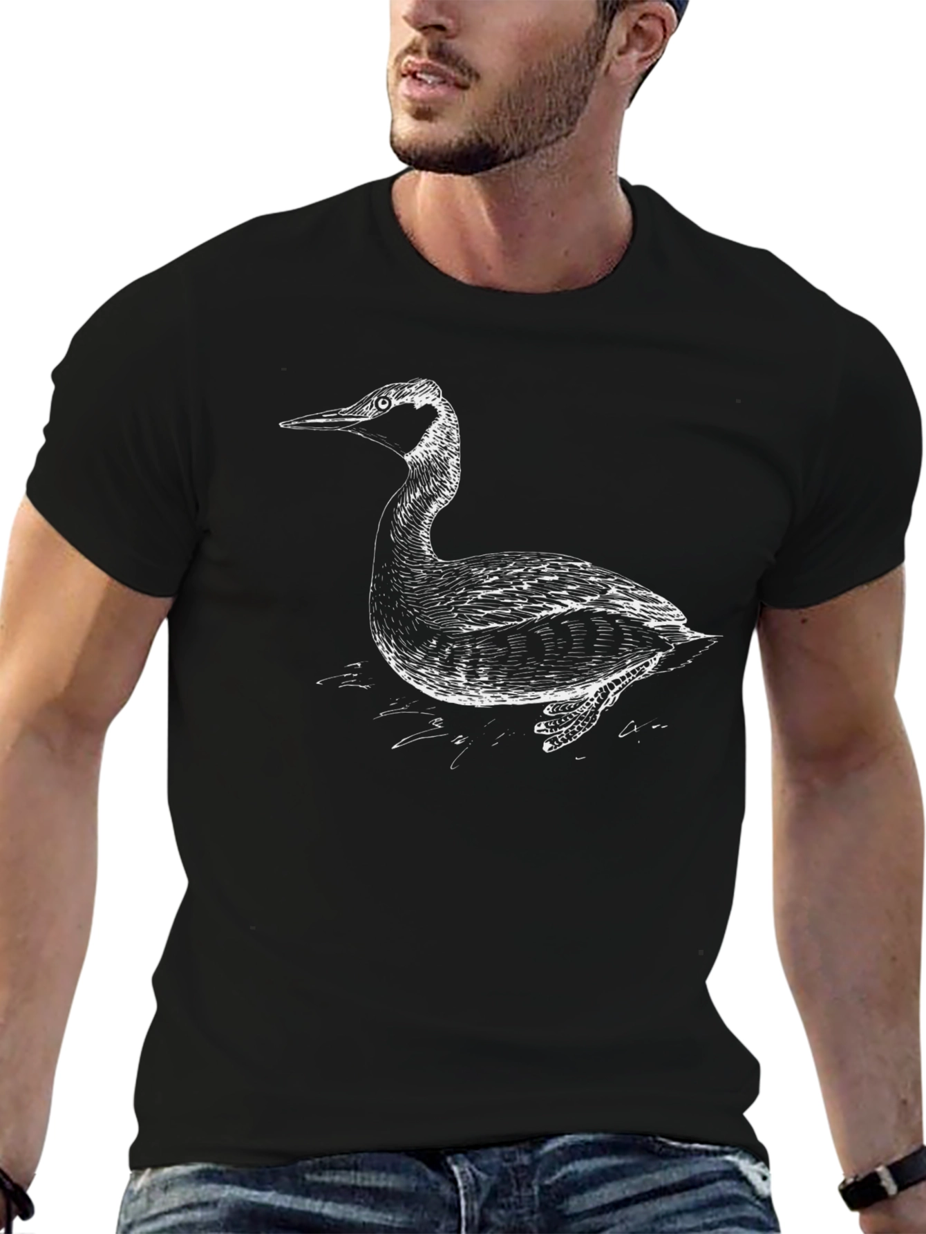 Black T-Shirt with Artistic Grebe Bird Print