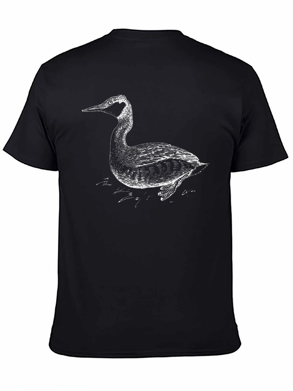 Black T-Shirt with Artistic Grebe Bird Print