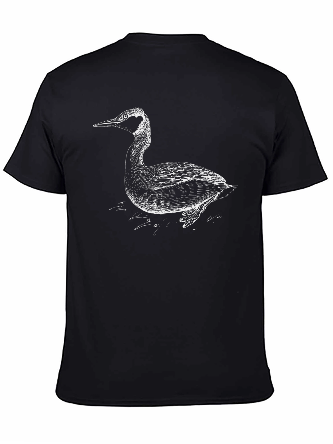 Black T-Shirt with Artistic Grebe Bird Print