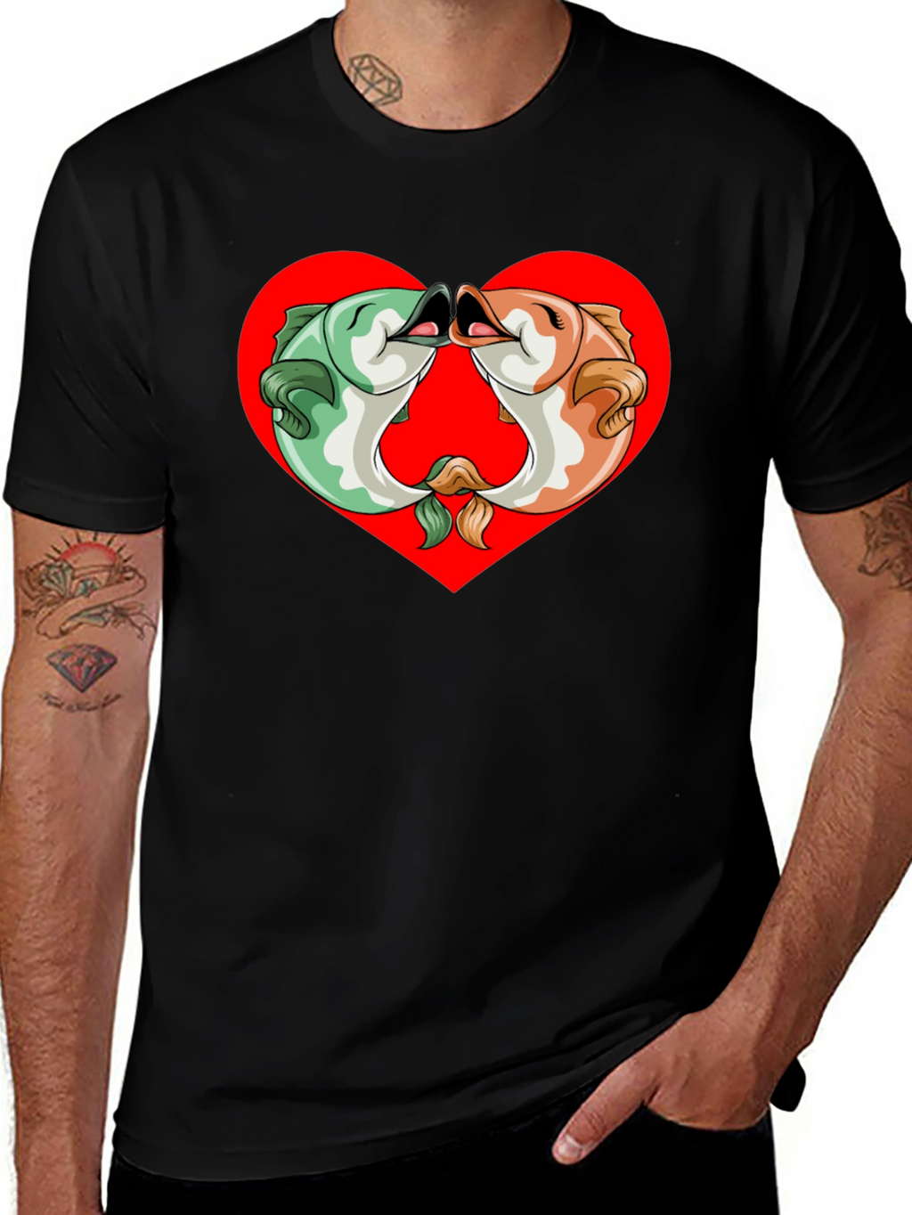 Fish Kissing Graphic Black T-Shirt