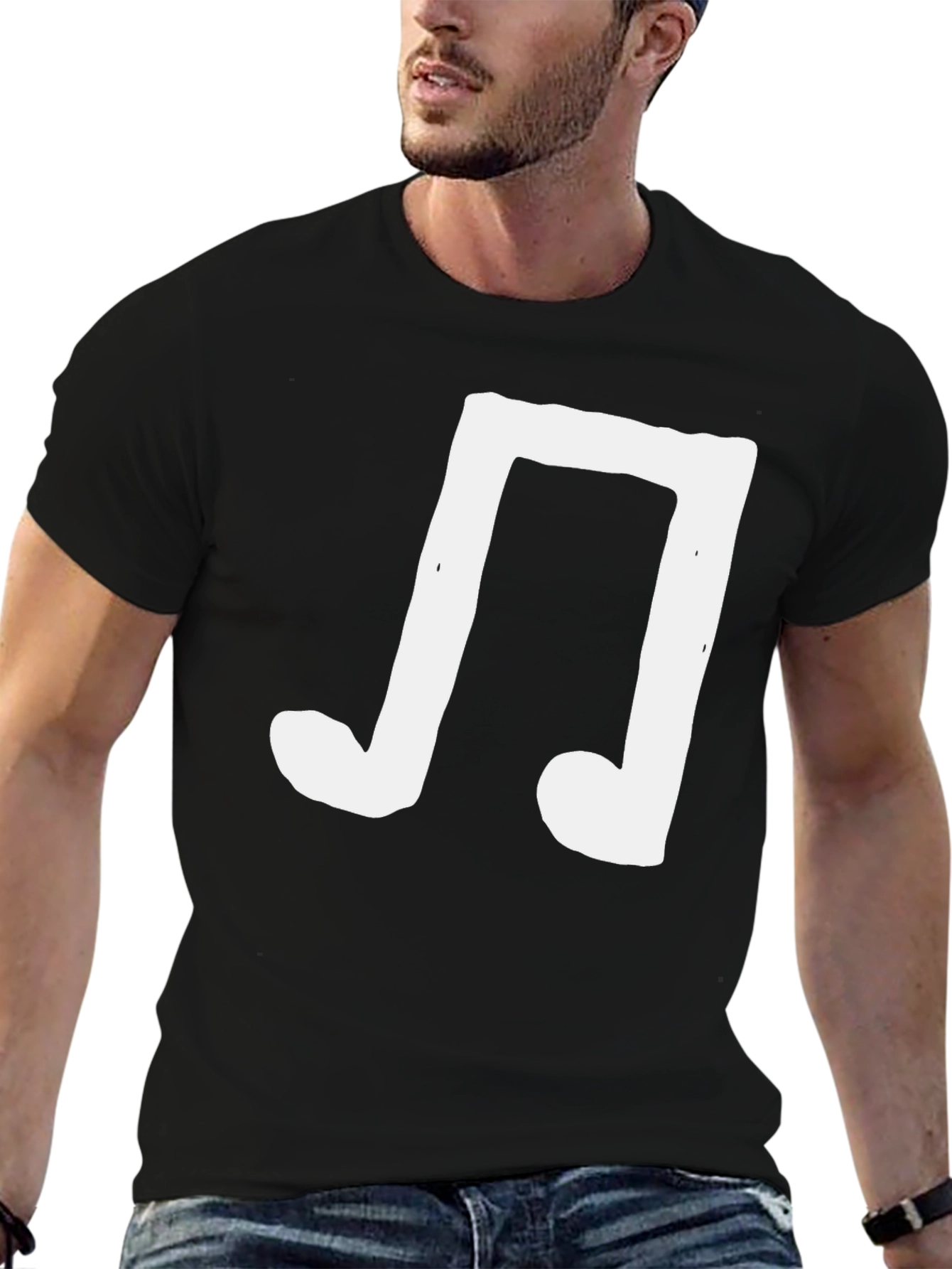 Mens Black T-Shirt with White Music Note Graphic