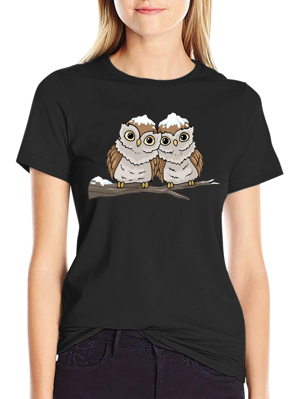 Cute Owl Couple Graphic Black T-Shirt