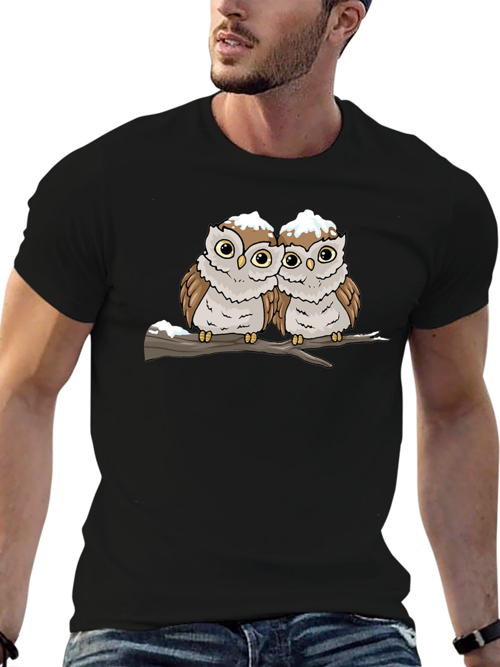Cute Owl Couple Graphic Black T-Shirt