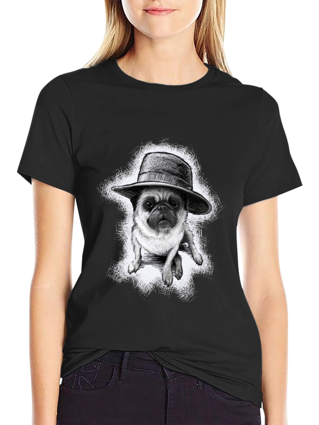 Pug in a Hat Graphic Tee - Trendy Black T-Shirt
